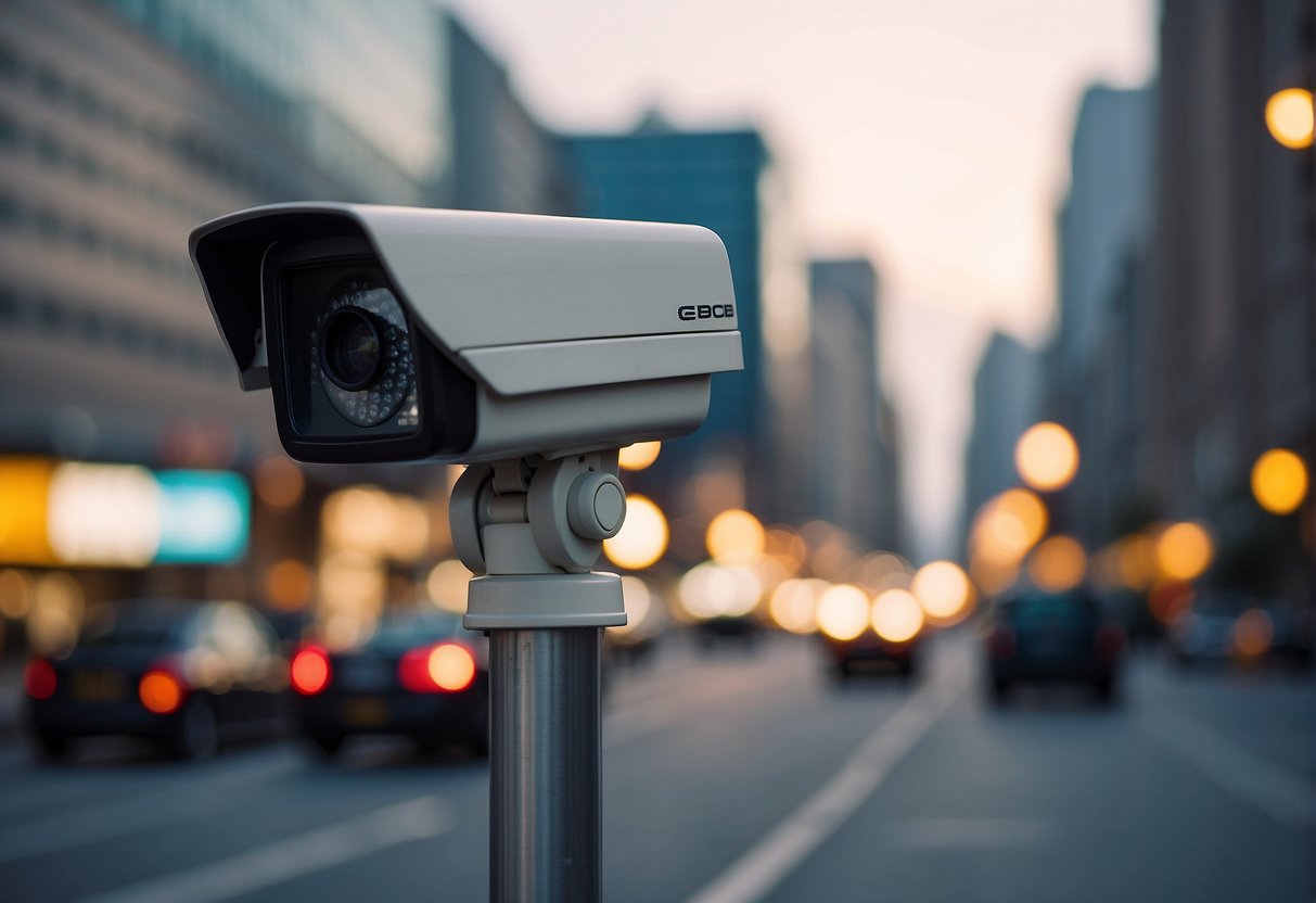 A CCTV camera mounted on a high pole overlooks a bustling city street, capturing the movement of people and vehicles below