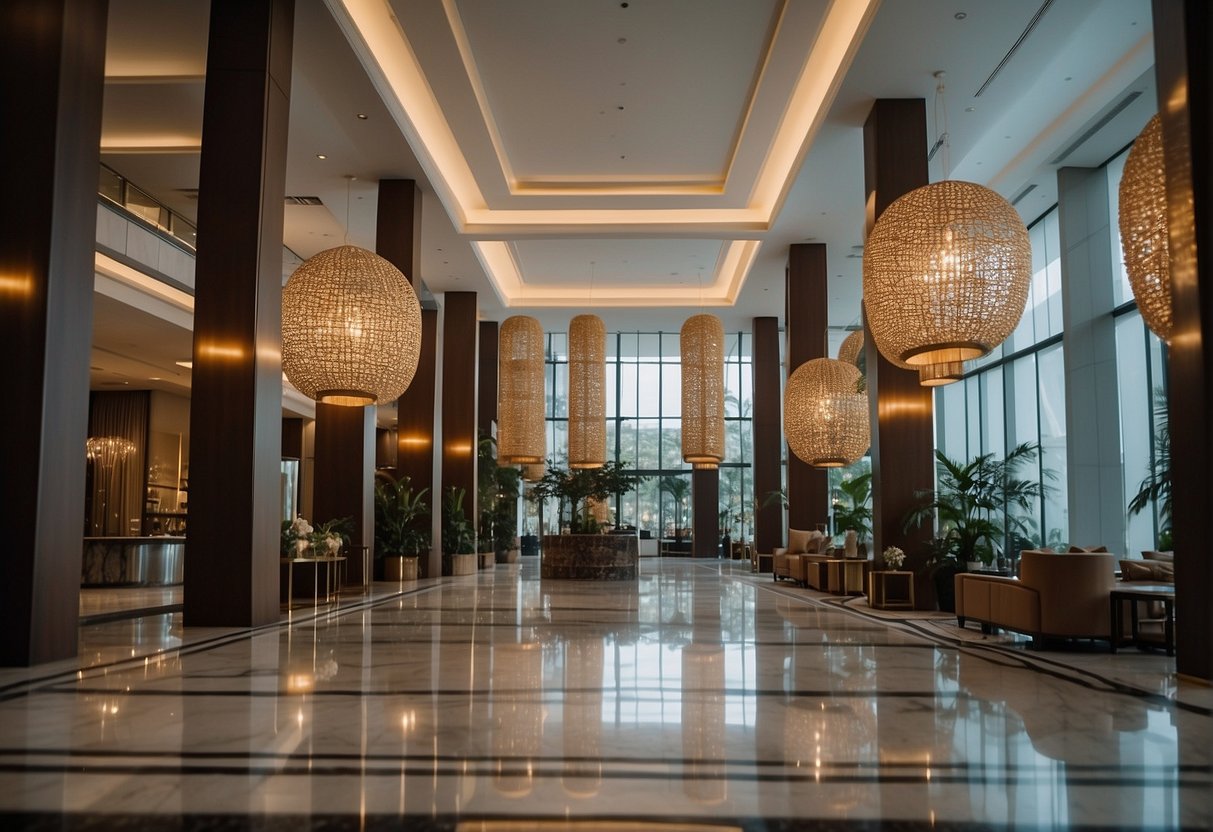 A luxurious hotel lobby adorned with elegant decor and a sign showcasing exclusive promotions for a boutique hotel in Singapore