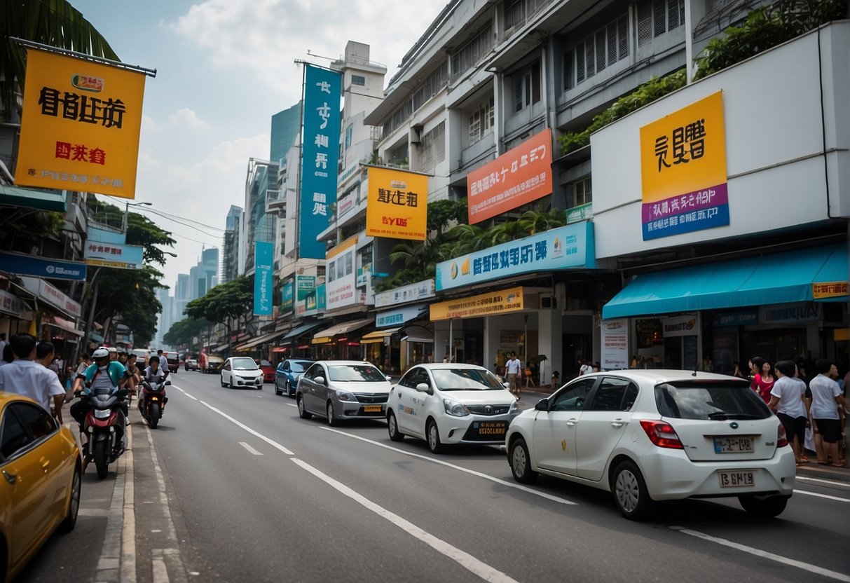 A bustling street in Singapore with colorful banners and signs promoting Daikin air conditioning promotions