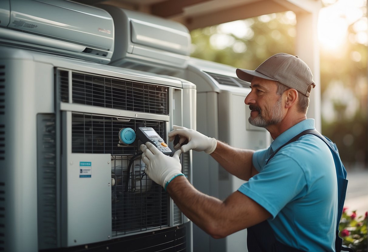 A technician installs a Daikin air conditioning unit, while a warranty certificate is prominently displayed nearby