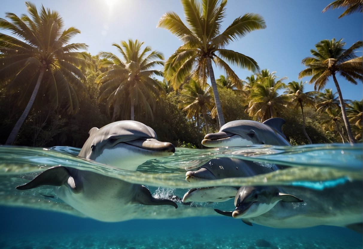 A group of dolphins playfully swim around a tropical island, with palm trees swaying in the background and a clear blue sky above