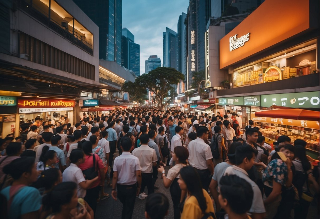 A bustling street in Singapore adorned with Kenny Rogers promotions, featuring vibrant signs and bustling crowds