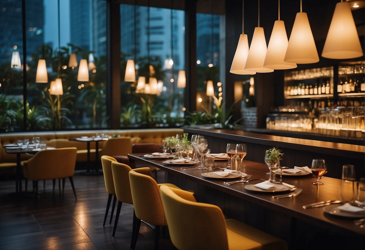 A bustling dining area with stylish decor and a vibrant bar scene, featuring trendy promotions at a boutique hotel in Singapore