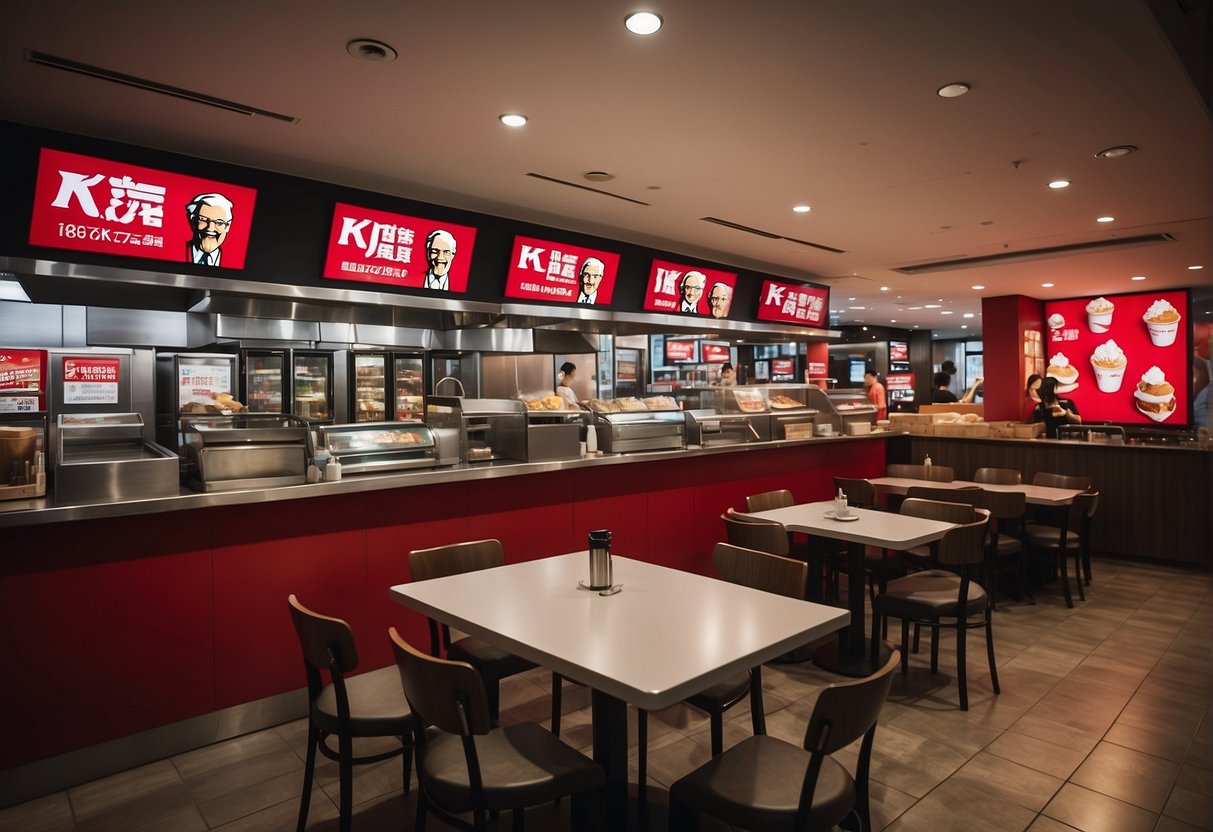 A crowded KFC restaurant in Singapore, with colorful promotional posters and banners displayed throughout the interior