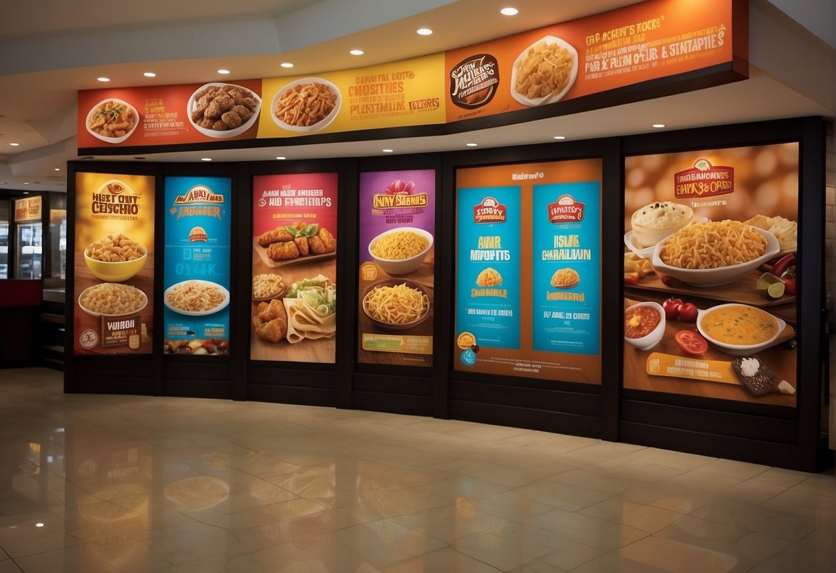 A colorful display of promotional posters and banners at Kenny Rogers Roasters, showcasing the latest deals and offers in Singapore