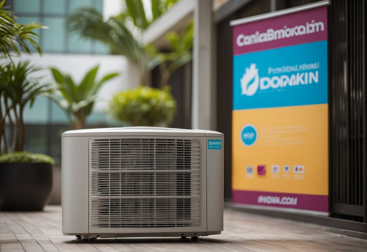 A Daikin air conditioner surrounded by promotional banners and logos in a Singaporean setting