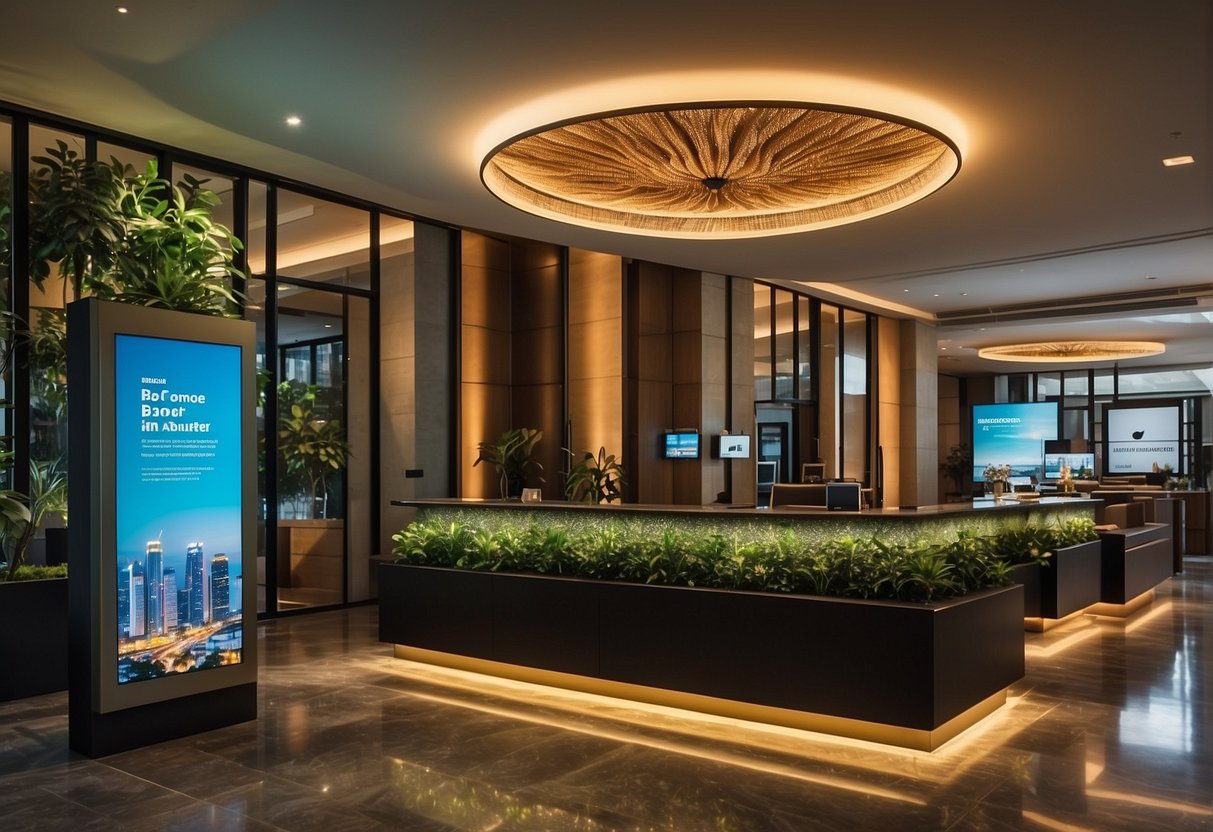 A vibrant boutique hotel lobby with a display of promotional materials for Singapore, including brochures, posters, and digital screens