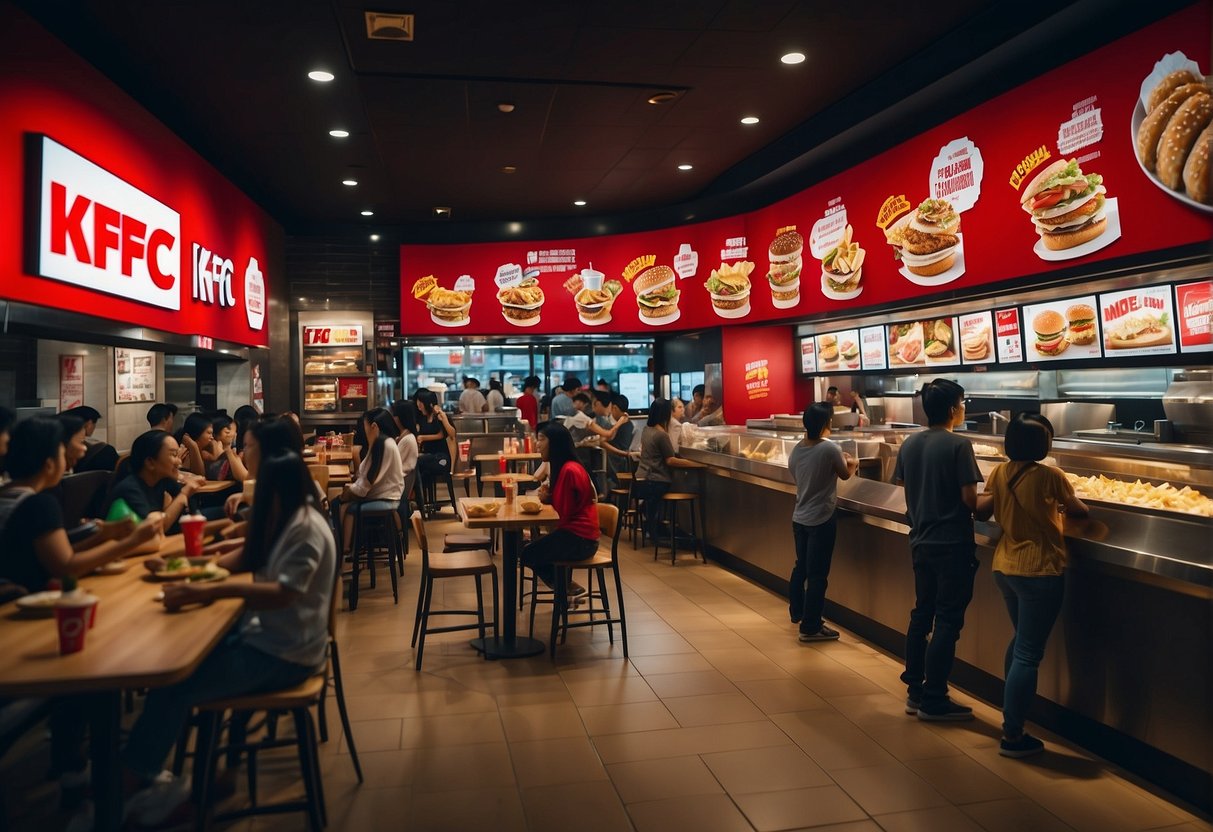 A bustling KFC restaurant in Singapore with colorful promotional signs and happy customers enjoying exclusive deals