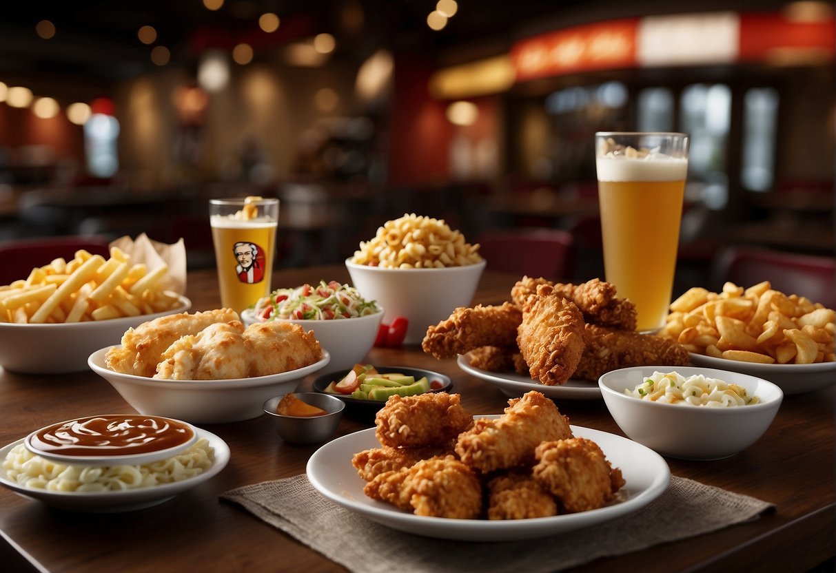 A table set with a variety of KFC menu items, surrounded by happy customers enjoying their meals. Promotional banners and signage are prominently displayed throughout the restaurant