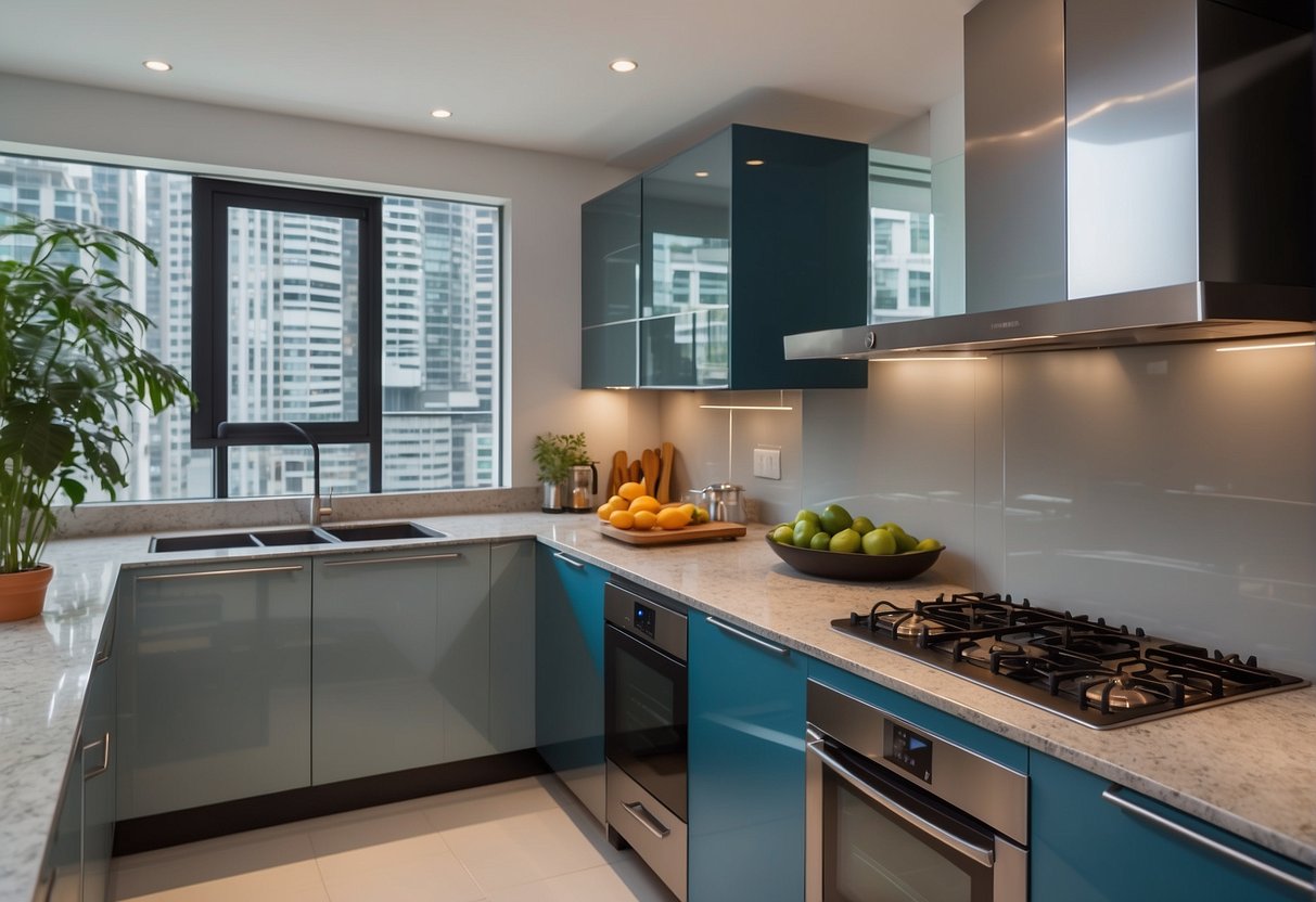 A kitchen renovation promotion in Singapore: Bright, modern kitchen with sleek cabinets, granite countertops, and state-of-the-art appliances. Vibrant colors and clean lines