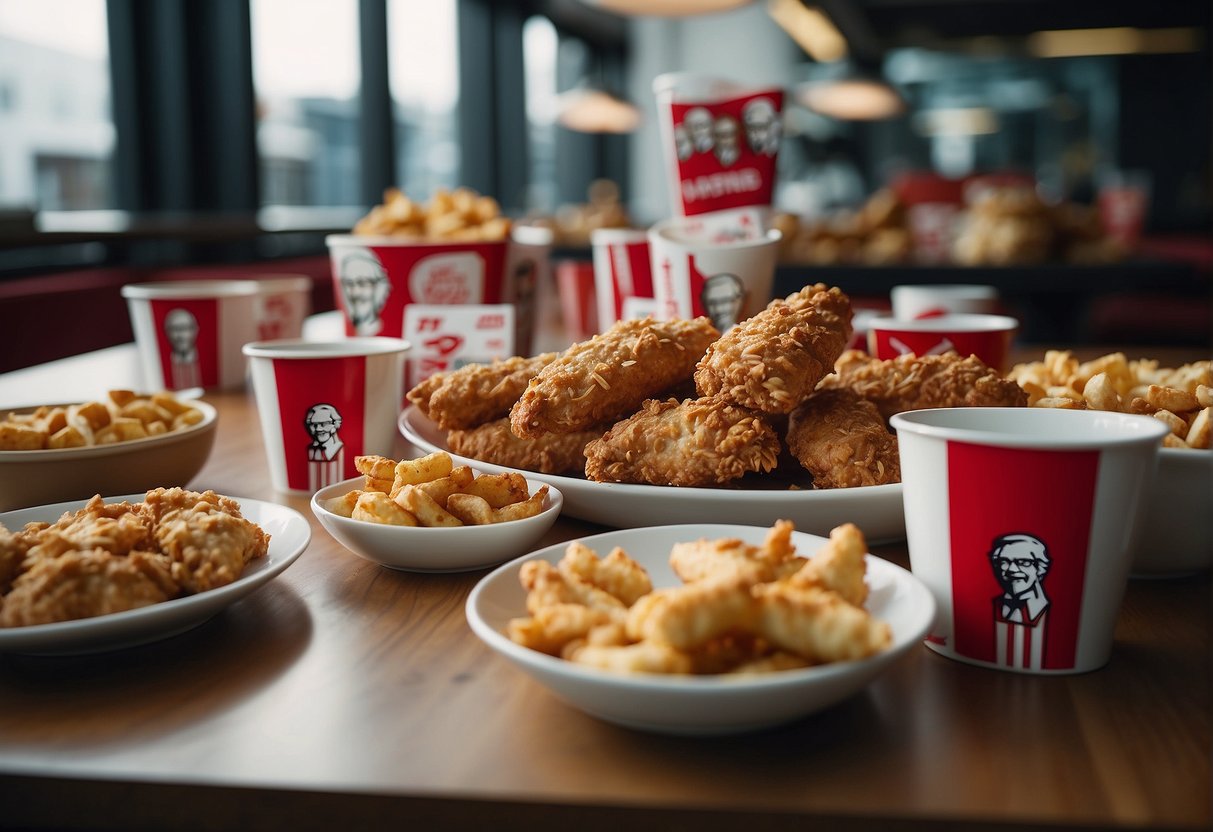 A table filled with KFC promotional materials and people enjoying the deals