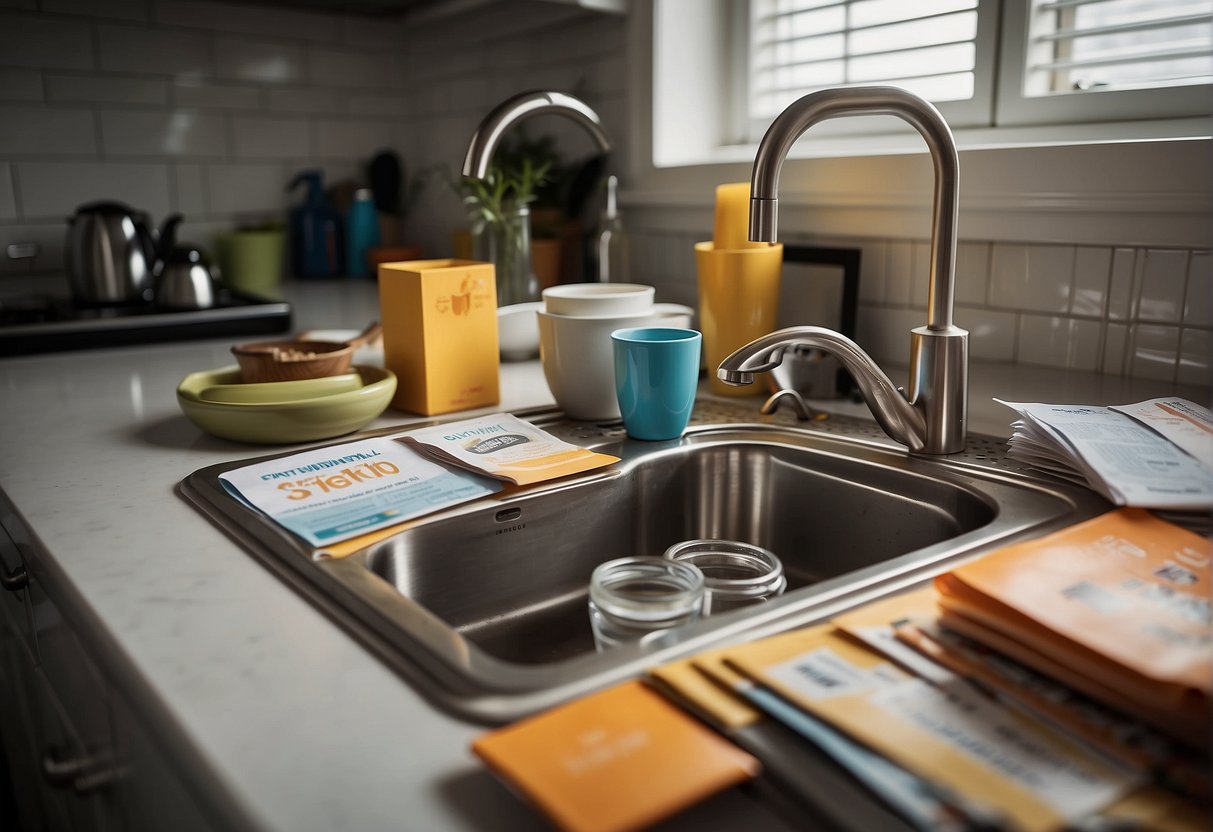 A cluttered kitchen sink with various promotional items scattered around, including flyers, brochures, and branded merchandise
