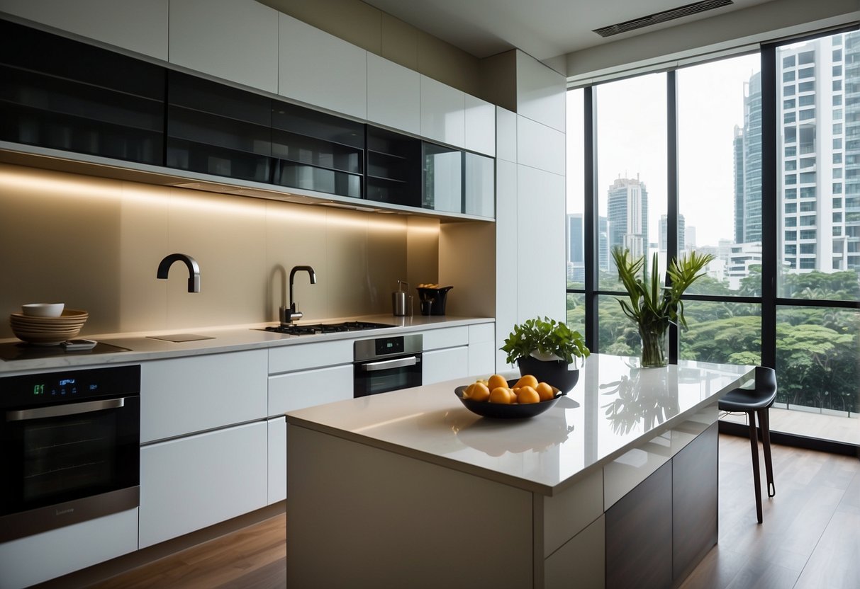 A modern kitchen in Singapore undergoes exhilarating renovations, with sleek new cabinets, sparkling countertops, and state-of-the-art appliances
