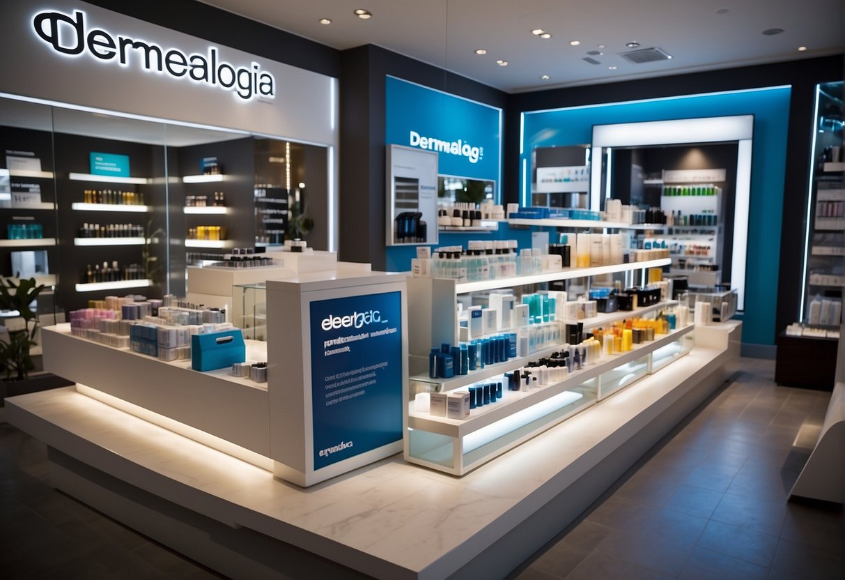 A vibrant display of dermalogica products and promotional materials in a sleek and modern setting, with attention-grabbing signage and enticing offers