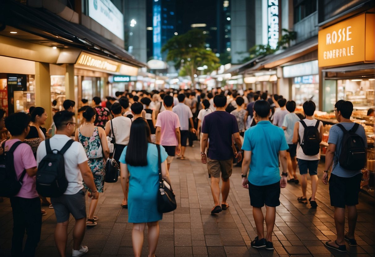 A bustling Singapore street with colorful Kose promotions, surrounded by eager shoppers and vibrant city lights