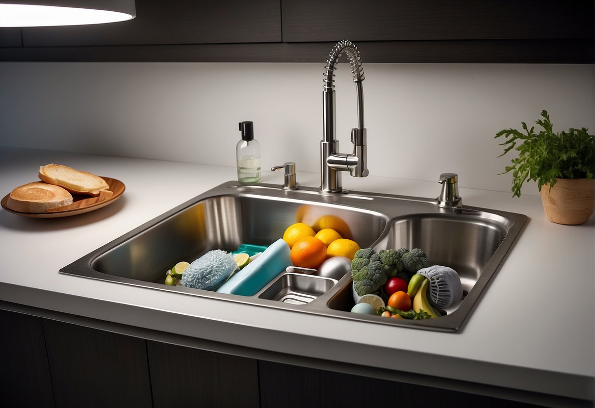 A modern kitchen sink surrounded by various promotional items and logos, with bright lighting and a clean, minimalist backdrop
