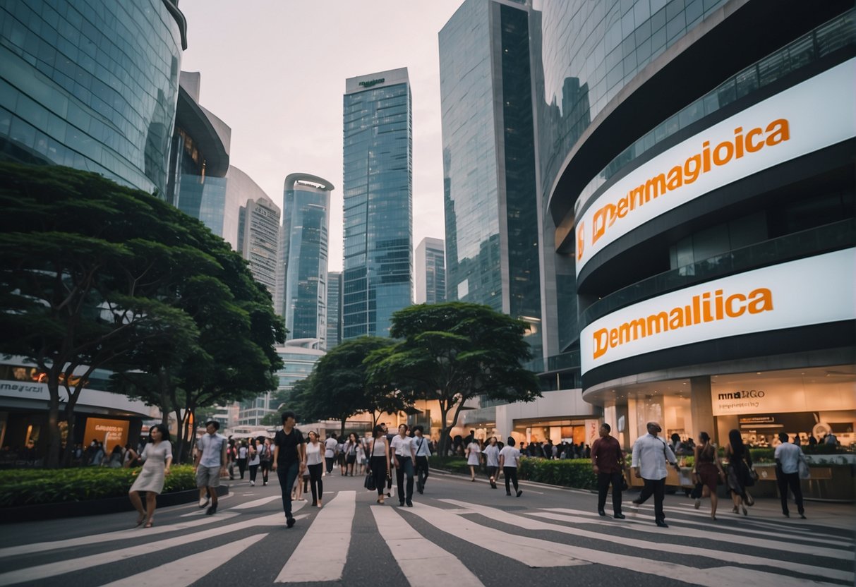A bustling city street with prominent dermalogica promotions signage in Singapore, surrounded by modern buildings and busy pedestrians