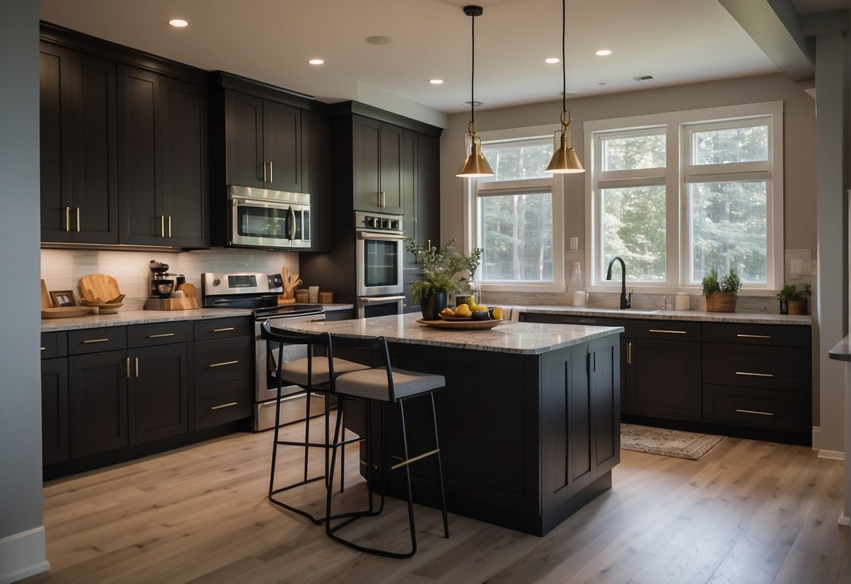 A sleek, modern kitchen with new appliances, granite countertops, and stylish cabinetry. Bright lighting and a spacious layout create an inviting atmosphere