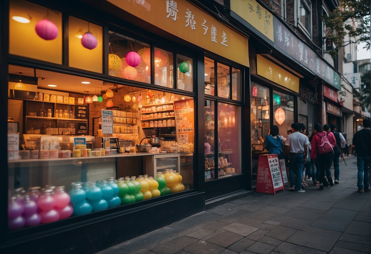 Colorful bubble tea shop with eye-catching promotions displayed on the windows. Customers lining up outside, drawn in by the enticing deals