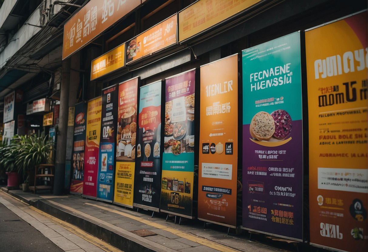 A vibrant display of promotional signs and banners outside a shop in Singapore. Bright colors and bold text catch the eye of passersby