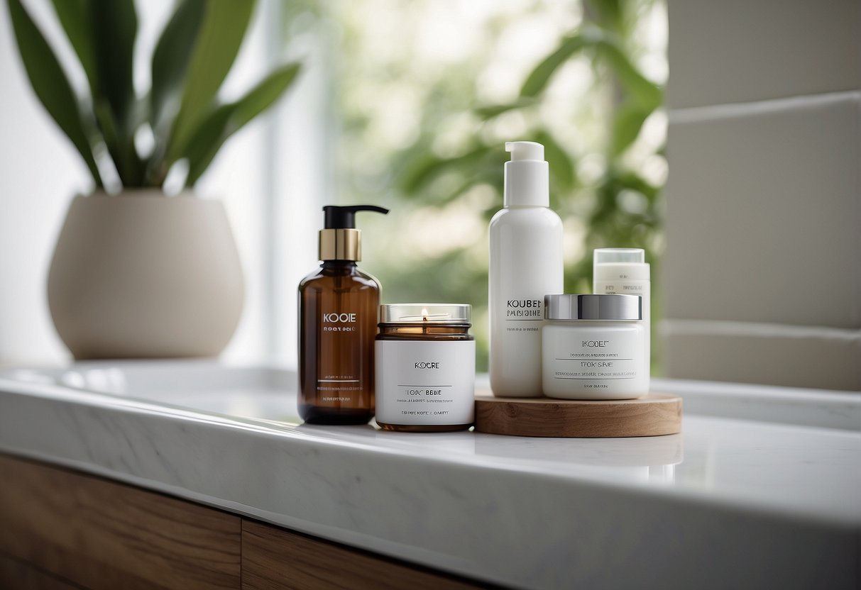 A serene, minimalist bathroom shelf with Kosé skincare products arranged neatly, surrounded by soft, natural lighting