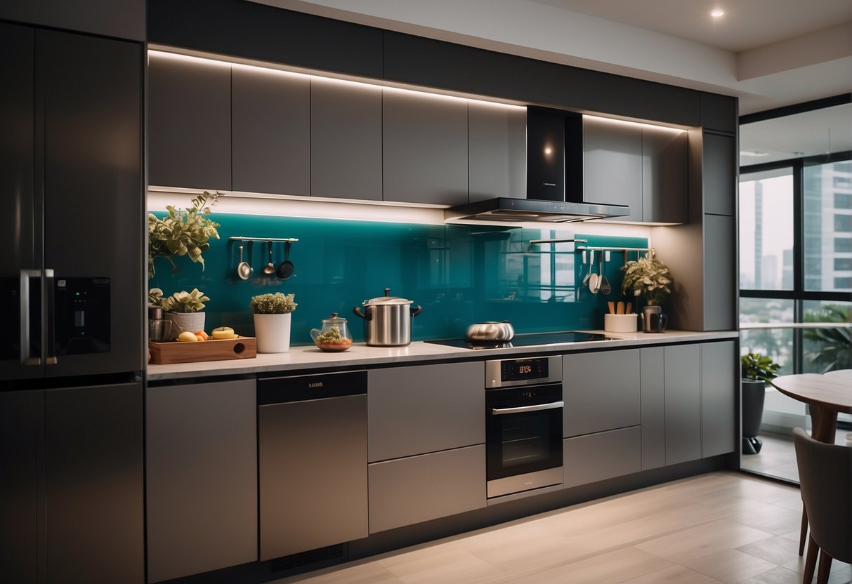 A kitchen with modern appliances and sleek design, featuring promotional signage for renovation services in Singapore