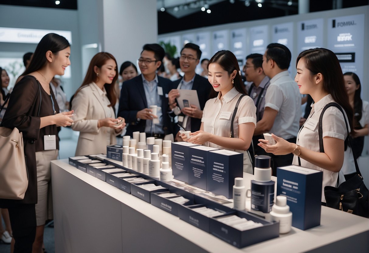 A bustling skincare event in Singapore, with a display of dermalogica products and promotional materials, surrounded by curious onlookers