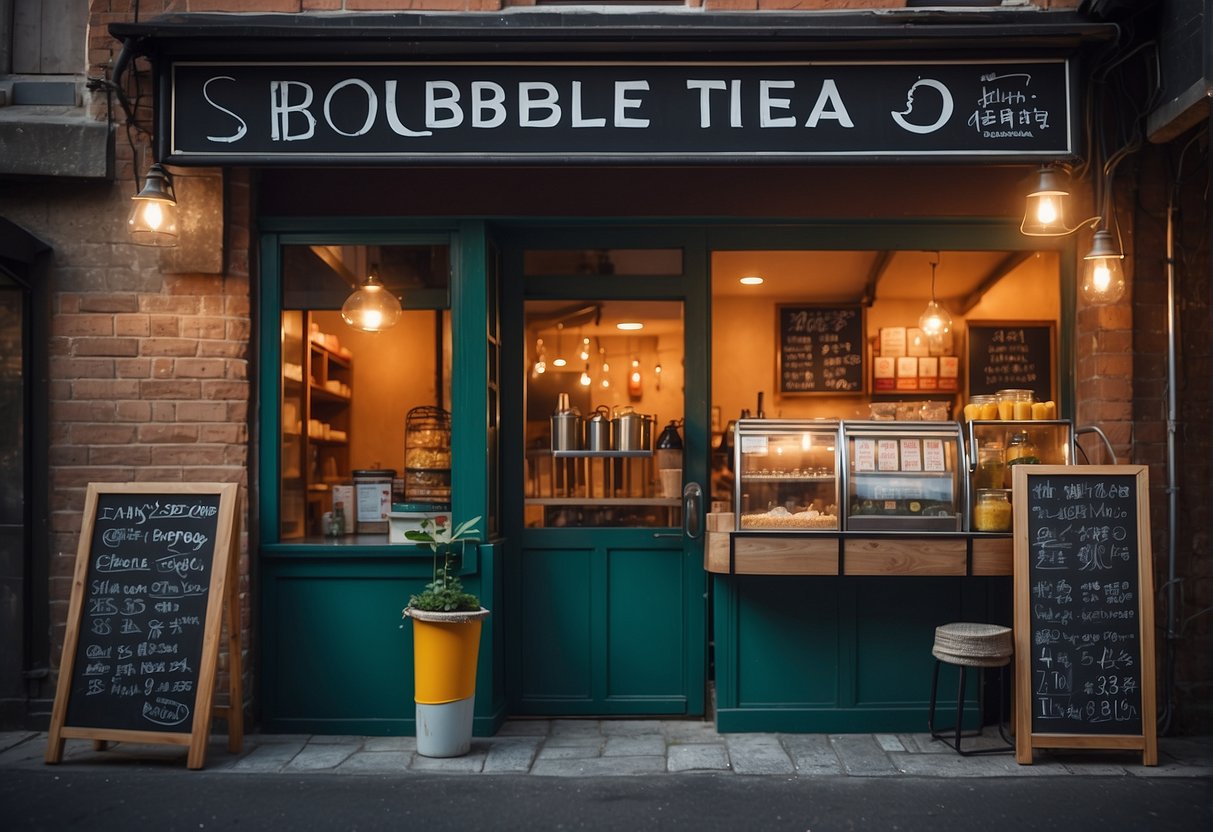 A vibrant bubble tea shop with colorful signage and enticing promotions displayed on a chalkboard. Customers eagerly line up for the latest deals