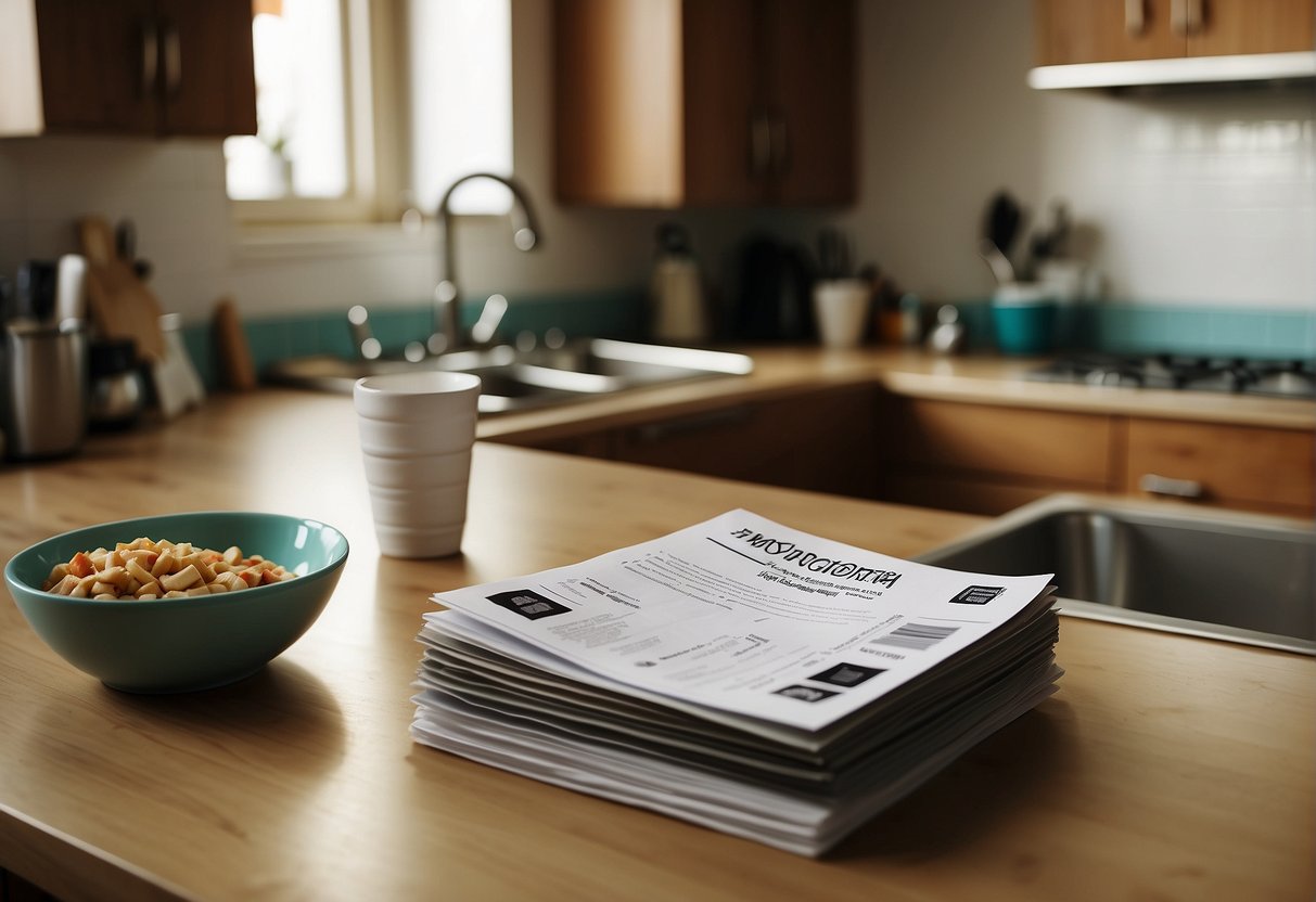 A cluttered kitchen counter with promotional materials and a sink in the background