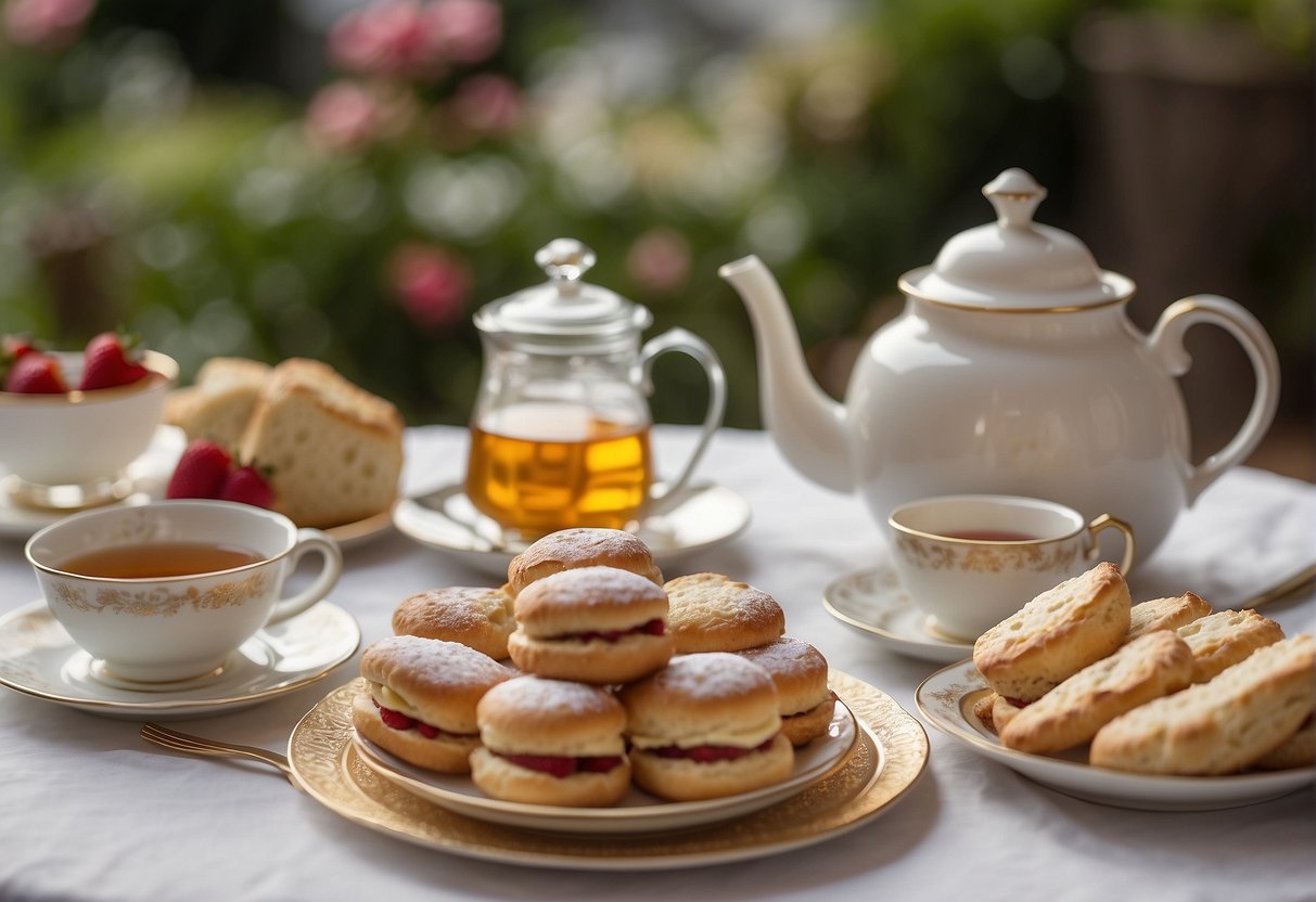 A table set with English high tea items, such as scones, sandwiches, and pastries, with a teapot and cups, surrounded by elegant decor and a promotional banner