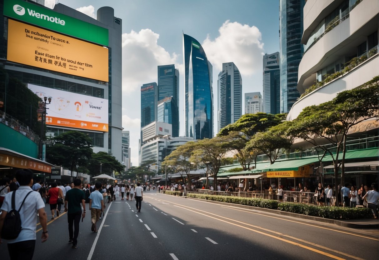 A bustling street in Singapore, with colorful banners and signs promoting Evernote. The city skyline and iconic landmarks visible in the background