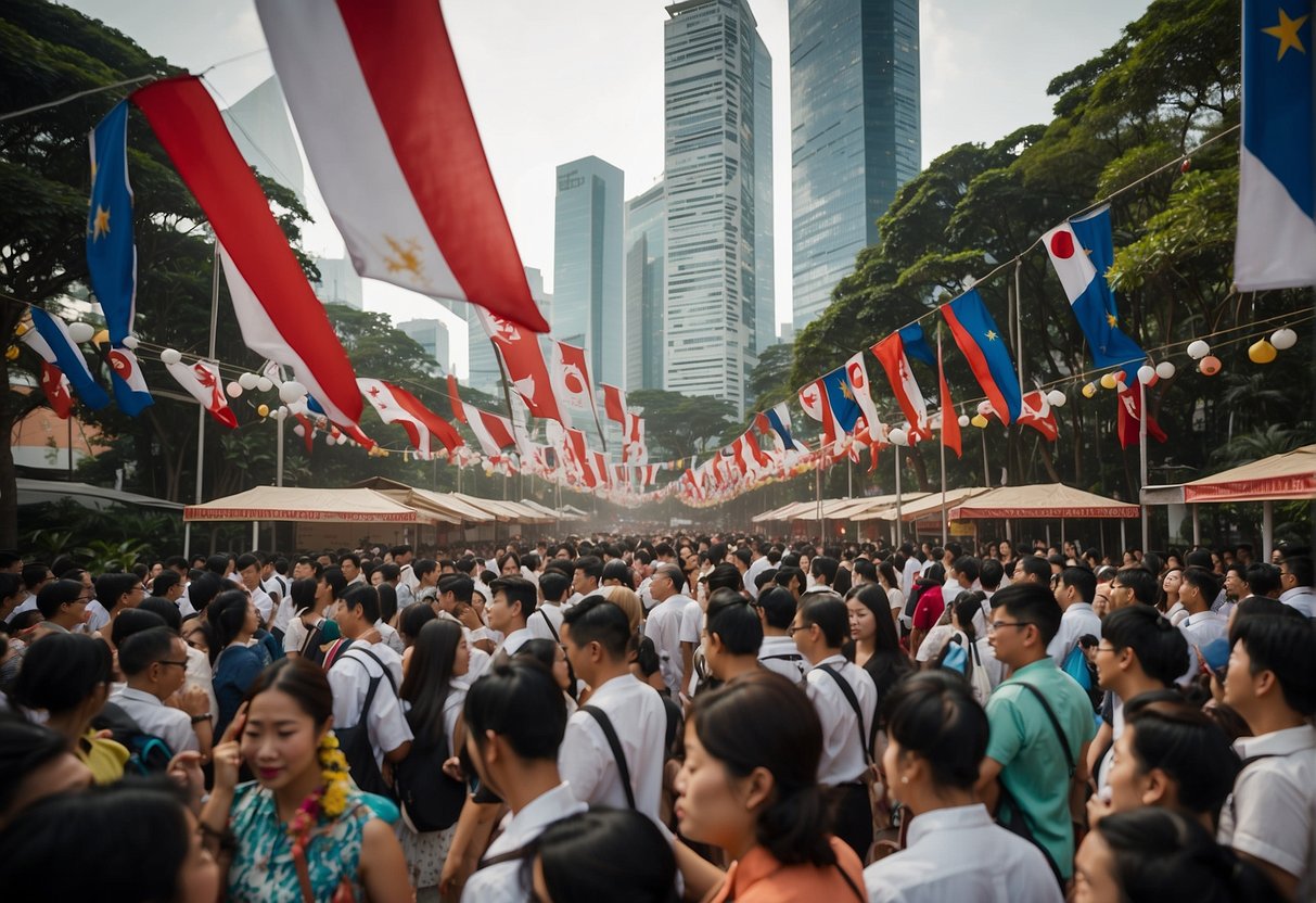 Crowds gather around promotional booths in Singapore, eager fans engage with brand representatives. Flags and banners flutter in the air