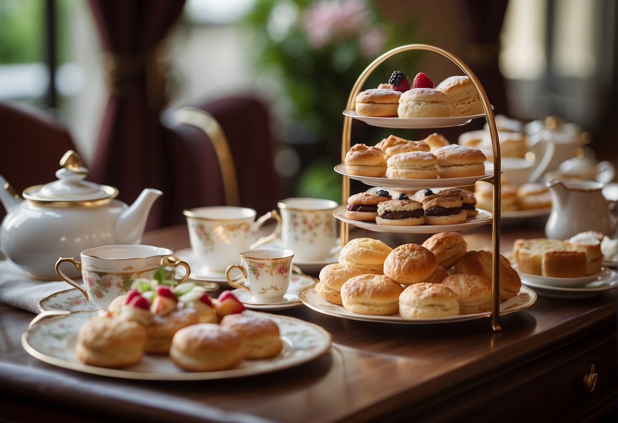 A table set with elegant English high tea spread, featuring scones, finger sandwiches, and delicate pastries, accompanied by steaming pots of tea