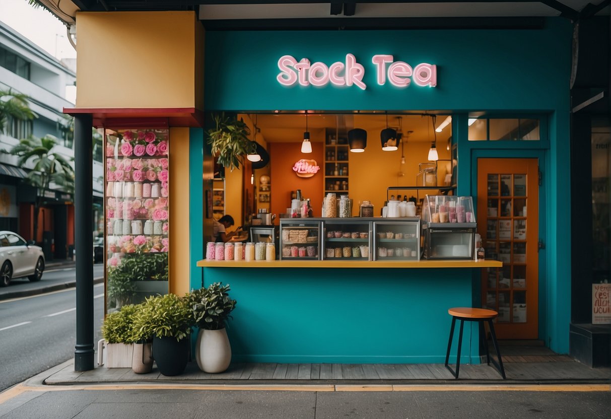 A colorful bubble tea shop in Singapore with vibrant promotions displayed on the storefront