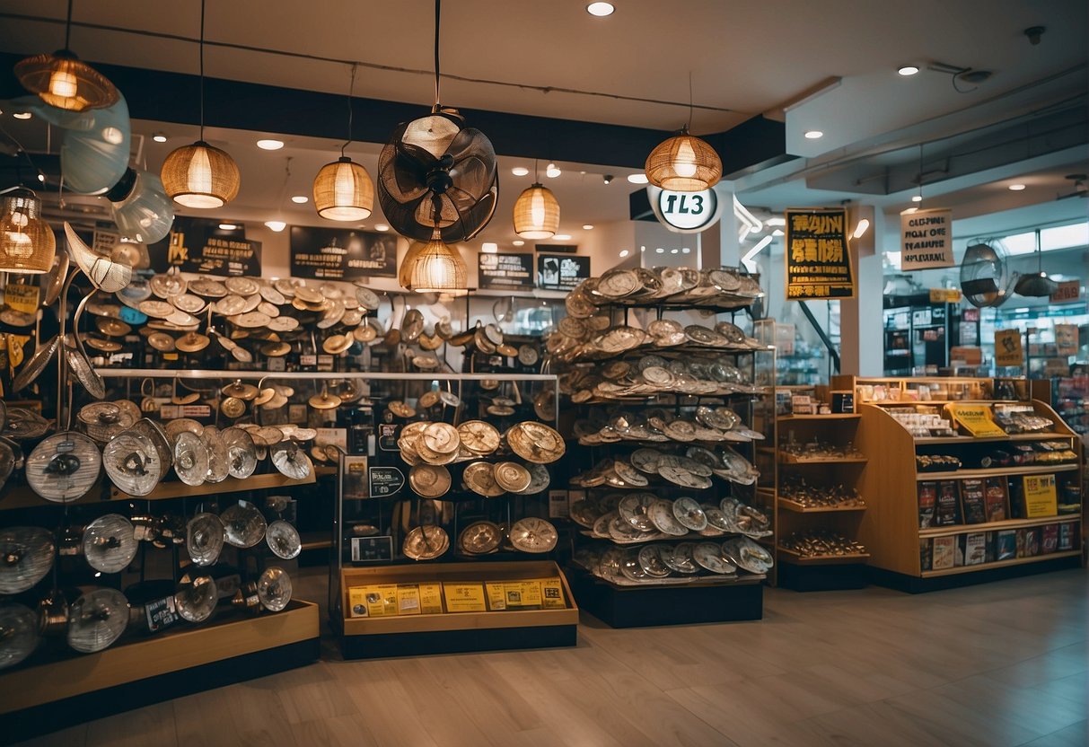 A display of ceiling fans with promotional signs in a Singaporean store