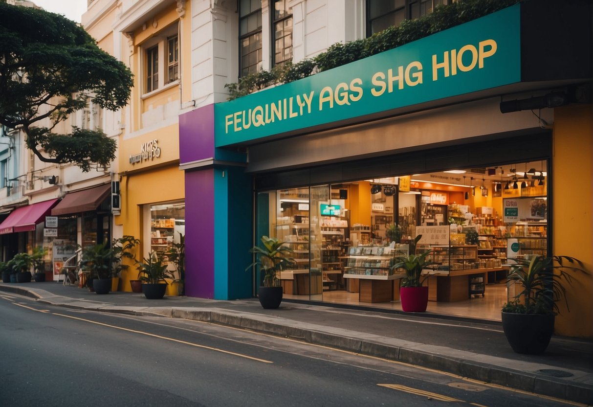 A vibrant storefront with a large sign reading "Frequently Asked Questions kris shop promotions singapore" surrounded by colorful promotional displays