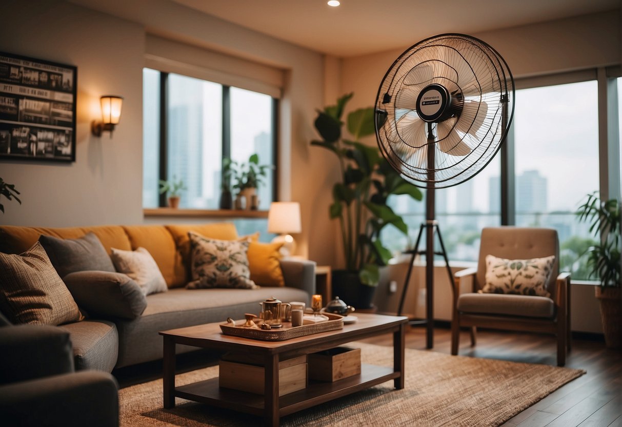 A cozy living room with a Home Comfort Enhancements fan prominently displayed, surrounded by promotional materials and Singapore-themed decor