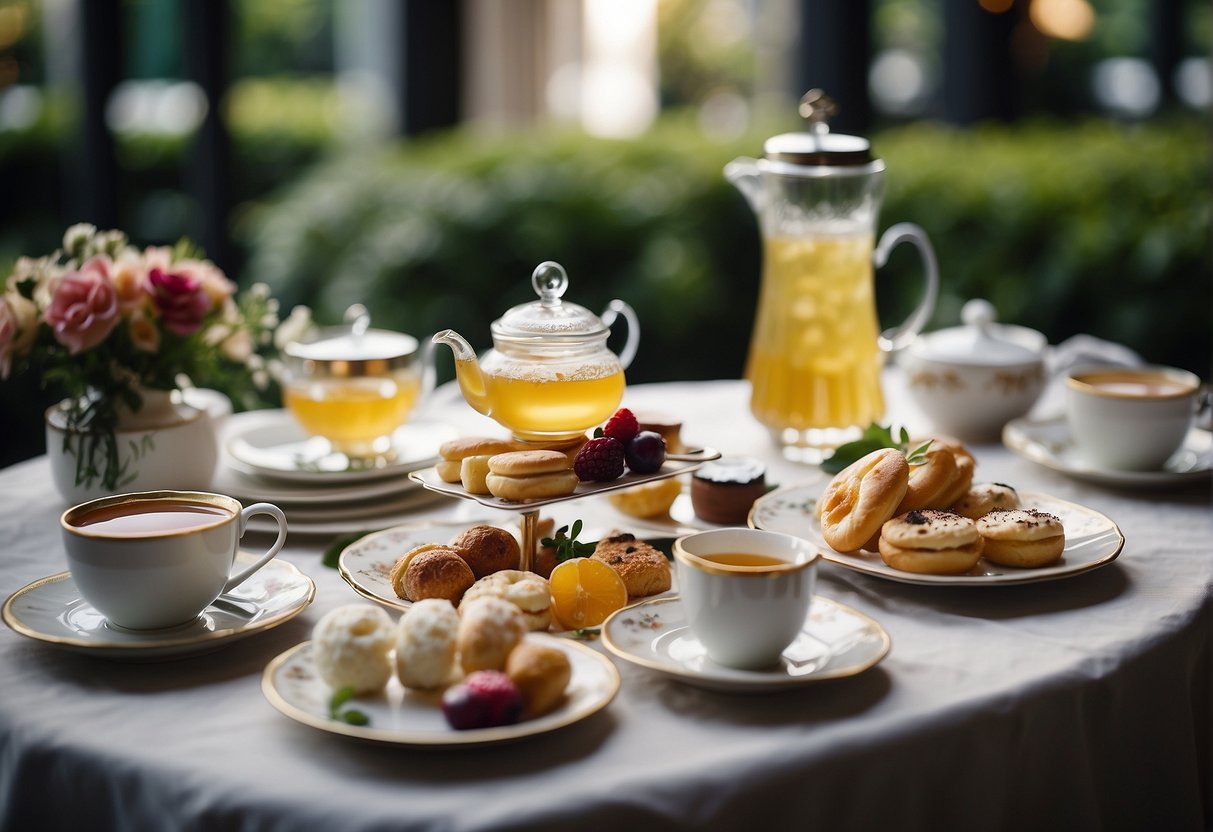 A table set with elegant English high tea spread, featuring innovative and enticing menu items, amidst a promotional setting in Singapore