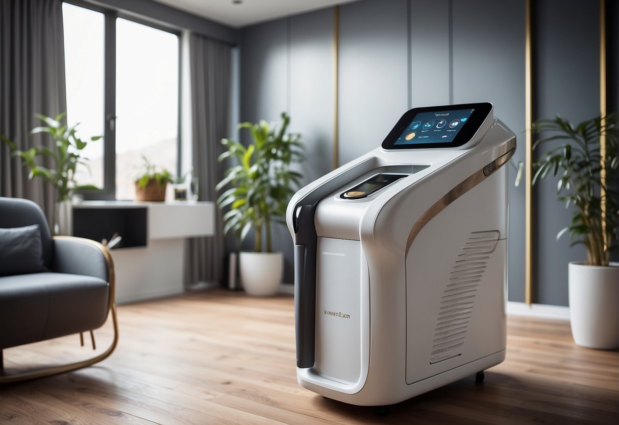 A laser hair removal machine in a sleek, modern clinic setting with promotional banners and brochures displayed prominently