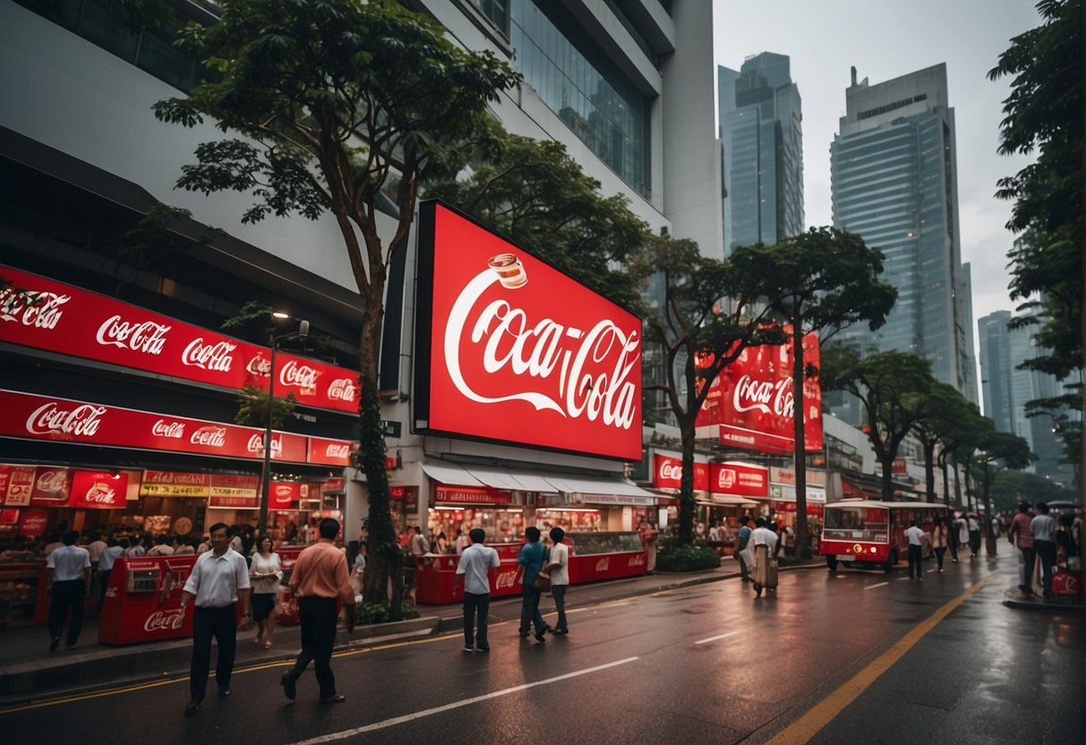 A bustling street in Singapore adorned with vibrant Coca-Cola promotional displays and banners. The iconic red and white branding stands out against the backdrop of the city's skyline