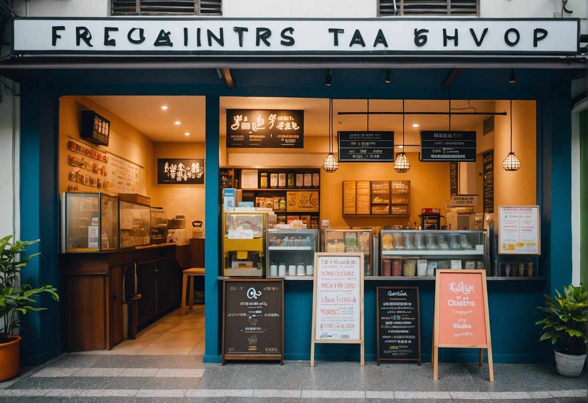 A colorful bubble tea shop with "Frequently Asked Questions" signage and promotional materials in Singapore