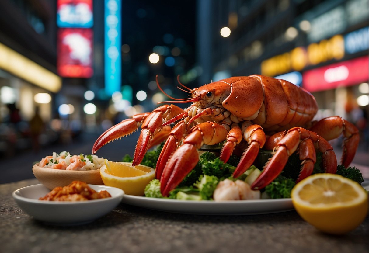 A red lobster with a chunky body and large claws sits on a vibrant, bustling street in Singapore, surrounded by signs promoting its delicious seafood offerings