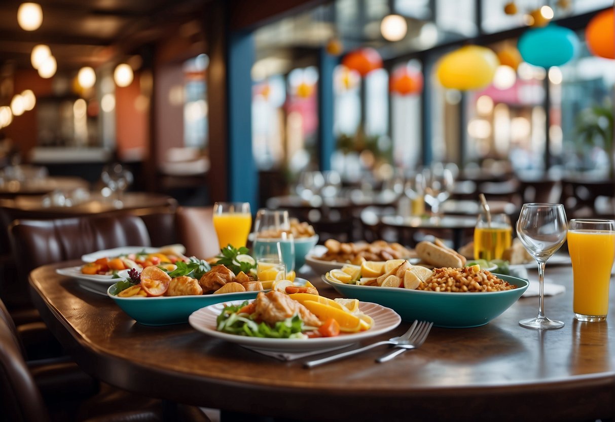 A table set with colorful dishes and drinks, surrounded by happy customers in a vibrant restaurant, with promotional banners and signs displayed throughout the dining area