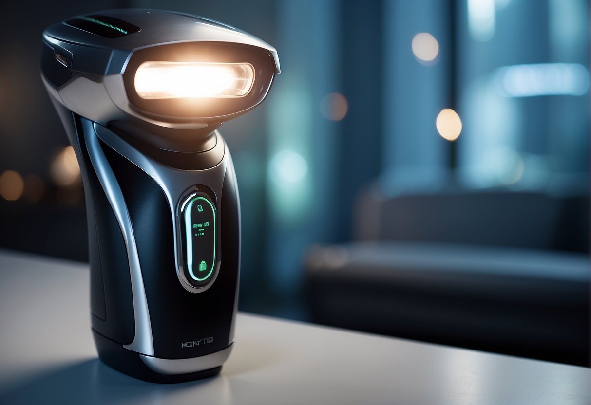 A futuristic hair removal device emits a beam of light onto a smooth surface, showcasing advanced technology in a sleek and modern setting