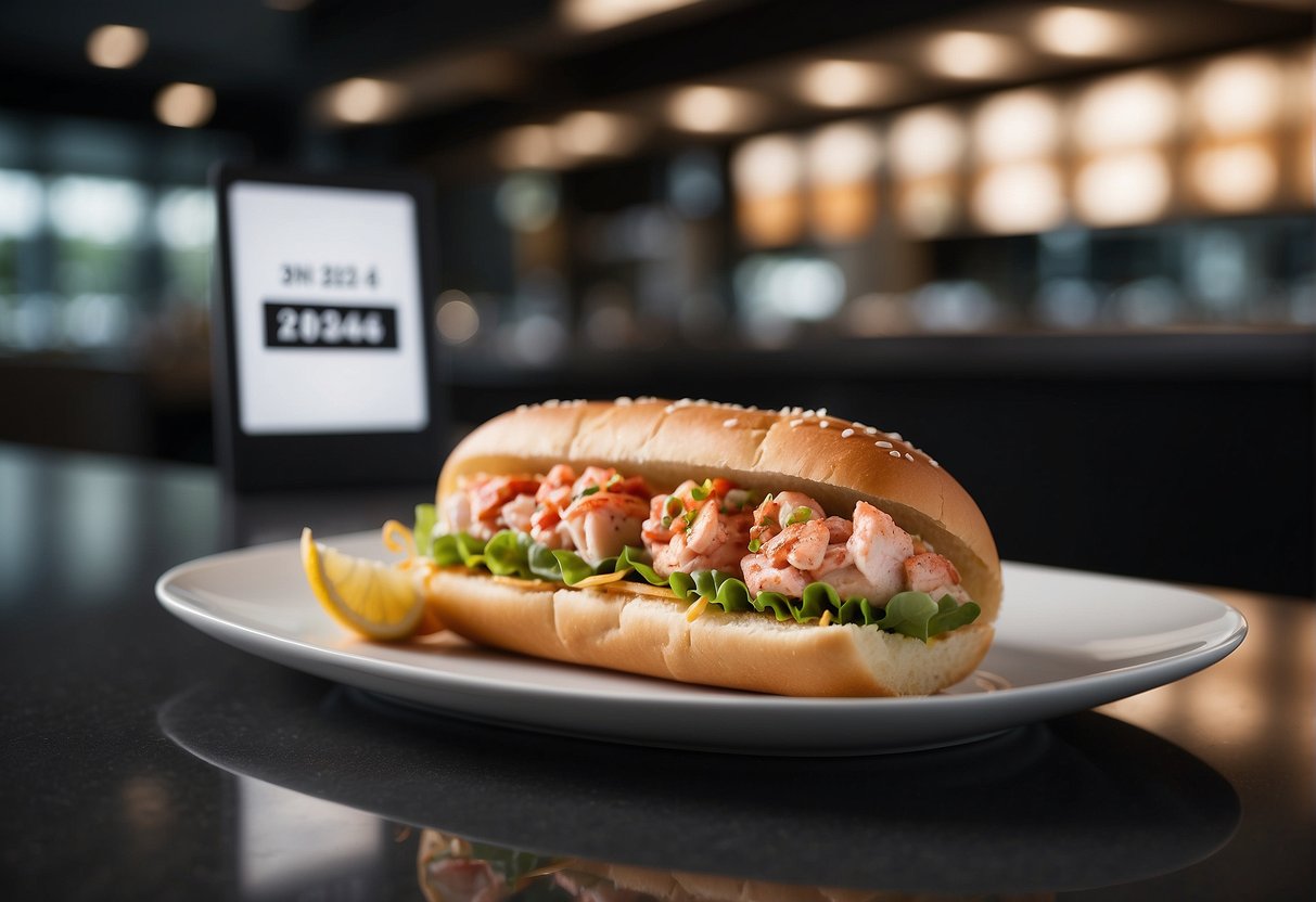A lobster roll displayed on a sleek, modern counter with a sign promoting exclusive 2024 promotions in Singapore