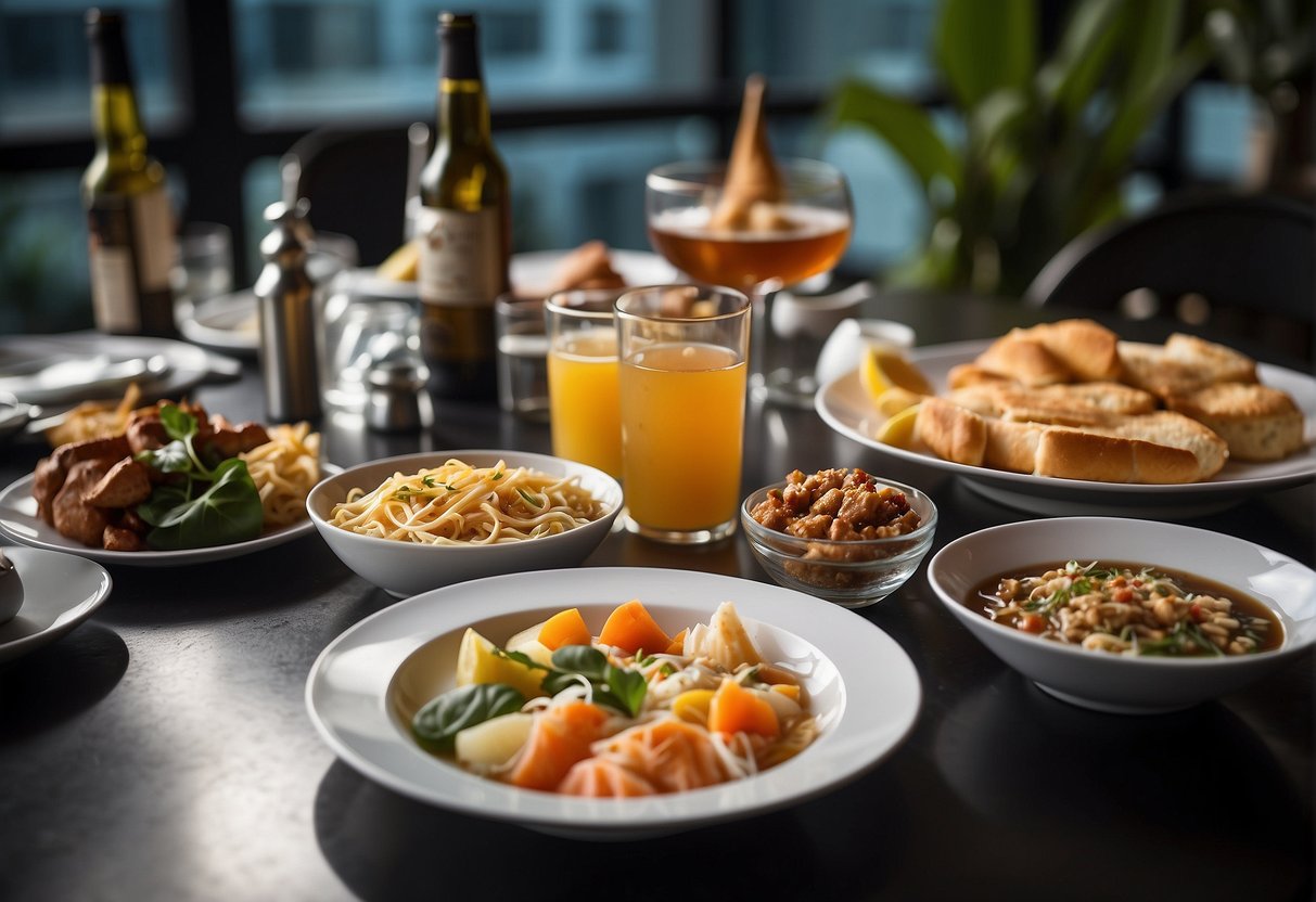 A table set with various dishes and drinks, surrounded by promotional banners and signs advertising dining deals and offers in Singapore