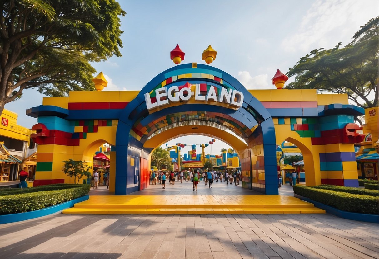 Legoland Malaysia promotions in Singapore: A bustling theme park entrance with colorful signage, happy families, and a promotional booth offering discounts and deals