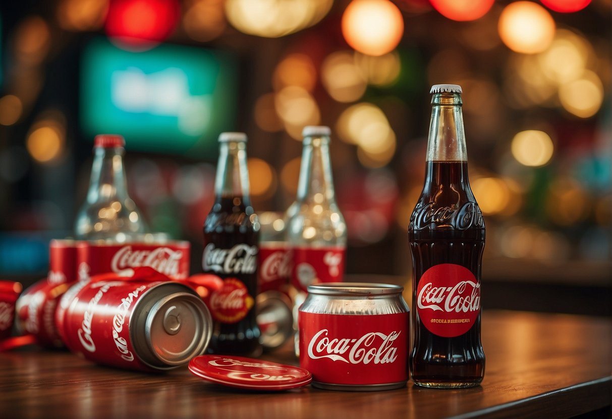 A table with Coca-Cola bottles and cans, surrounded by vibrant Singaporean-themed decorations and signs promoting Coca-Cola's special offers in Singapore