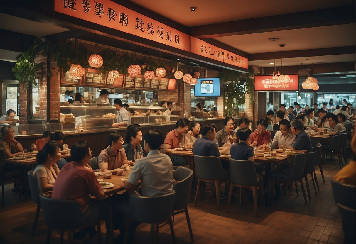 A bustling seafood restaurant with a prominent sign reading "Frequently Asked Questions chunky lobster promotions singapore" and a crowd of customers dining and chatting