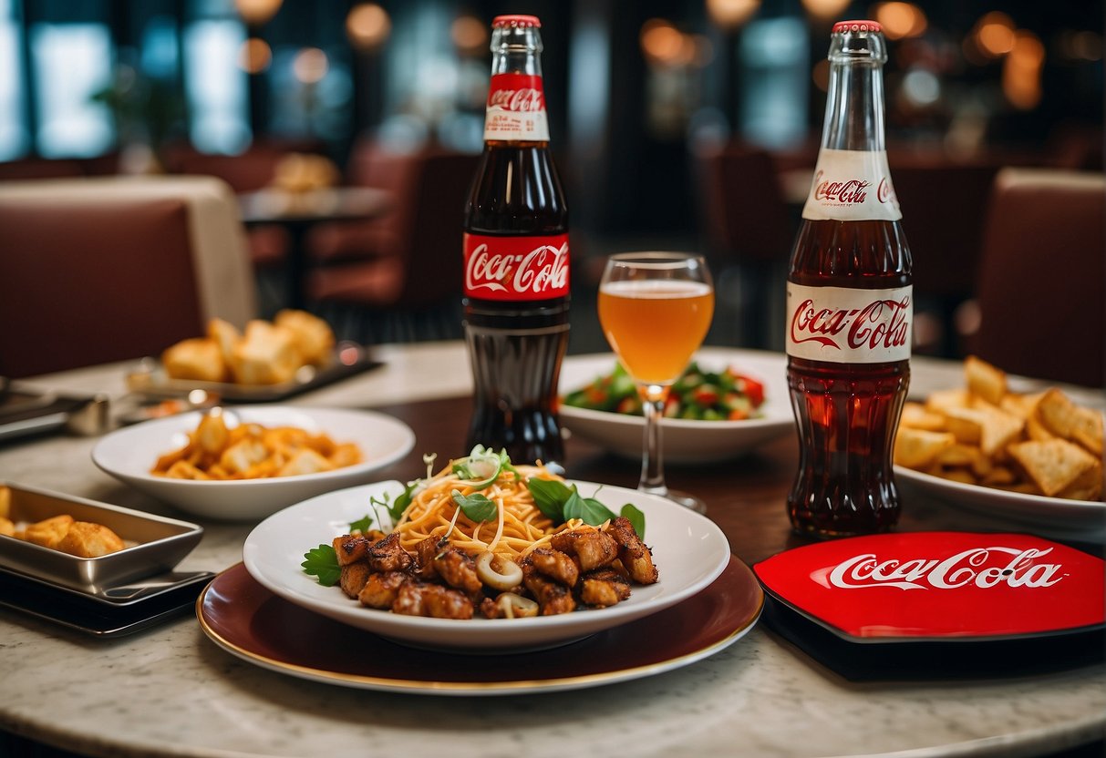 A table set with gourmet dishes and Coca-Cola bottles, surrounded by elegant decor and promotional signage in a Singapore restaurant